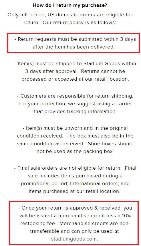 stadium goods sneaker return policy