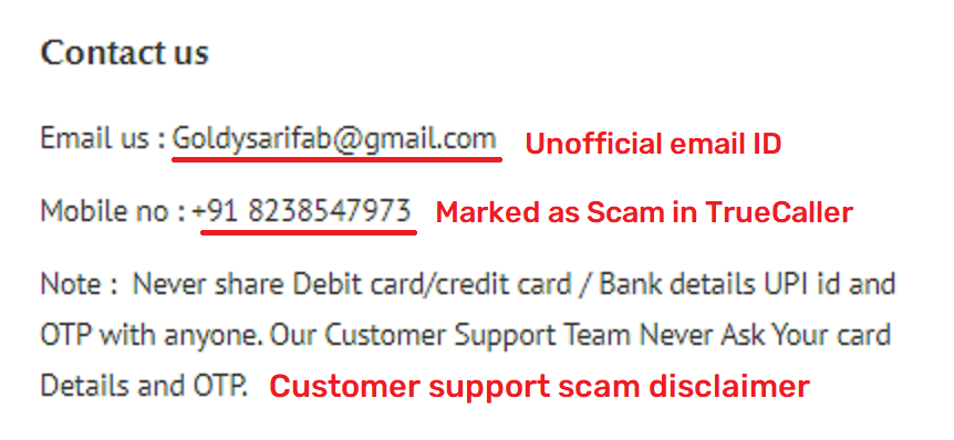 goldysari scam fake contact details