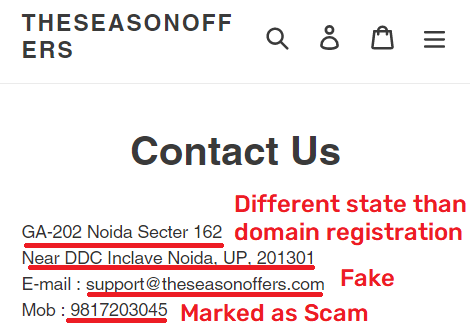 theseasonoffers scam fake contact details