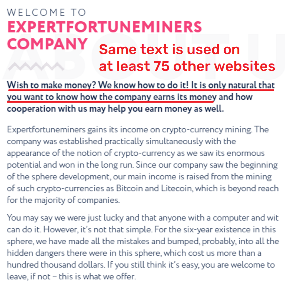 Expert Fortune Miners expertfortuneminers scam copied text