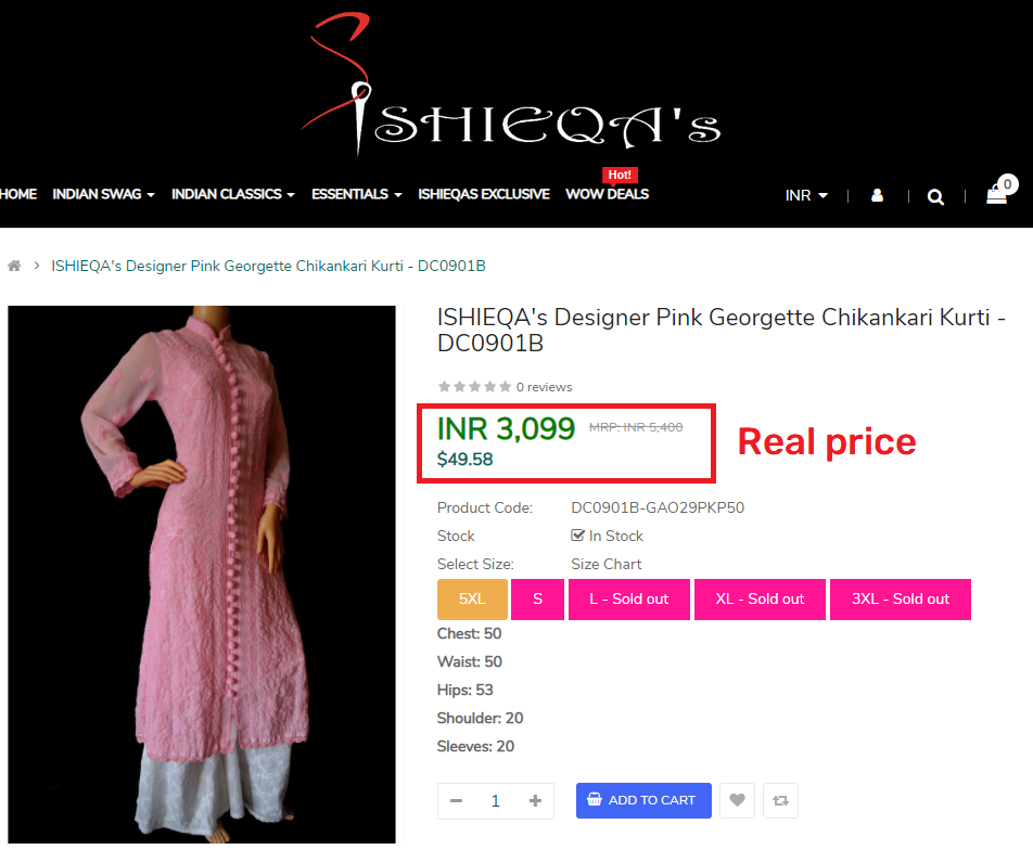pink kurti real price