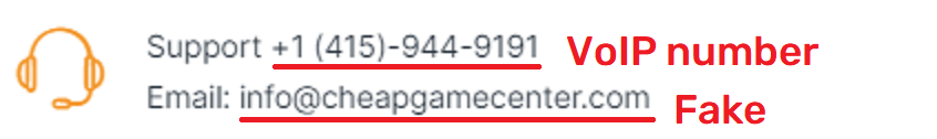 Cheapgamecenter scam fake contact details