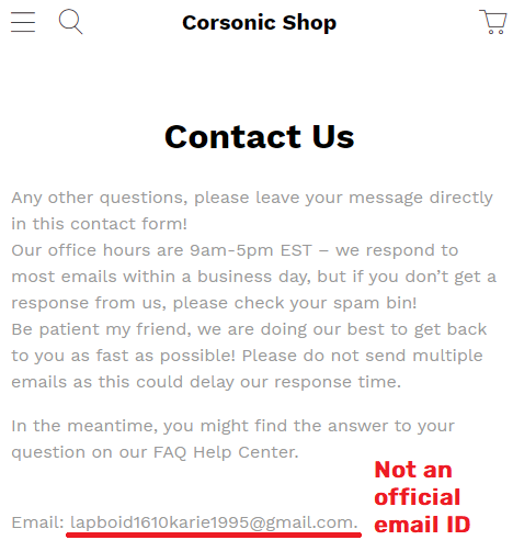 Corsonic Shop scam fake contact details