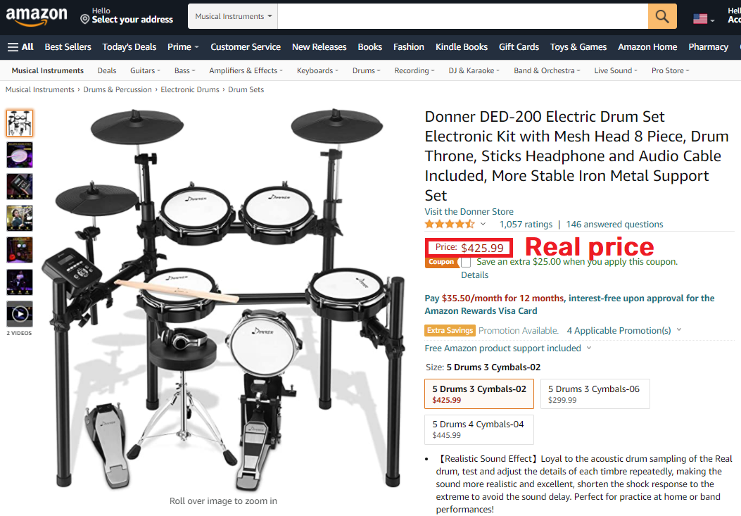 donner ded-200 electric drum kit real price amazon