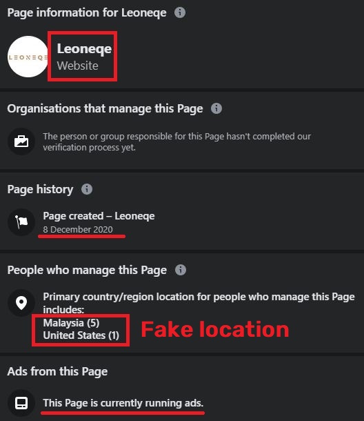leoneqe scam facebook page info