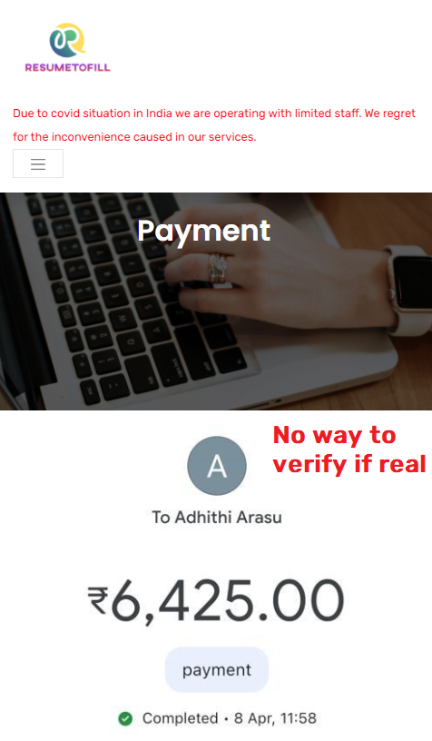 resumetofill scam fake payment proof