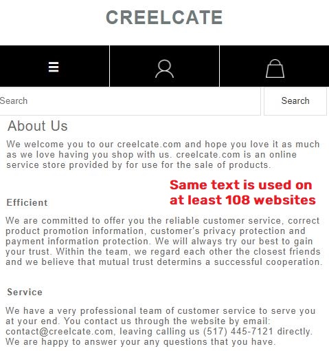 creelcate scam about us page copied content