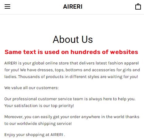 aireri scam about us page copied content