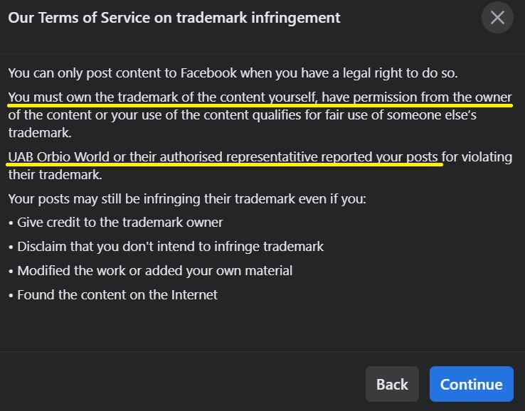 huusk uab orbio world scam facebook fake trademark infringement claim 3