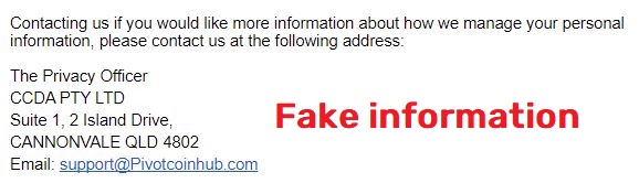 pivotcoinhub scam fake company information