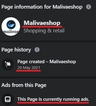 Malivaeshop scam page information