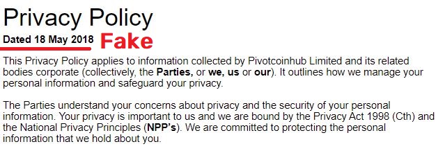 pivotcoinhub scam fake privacy policy