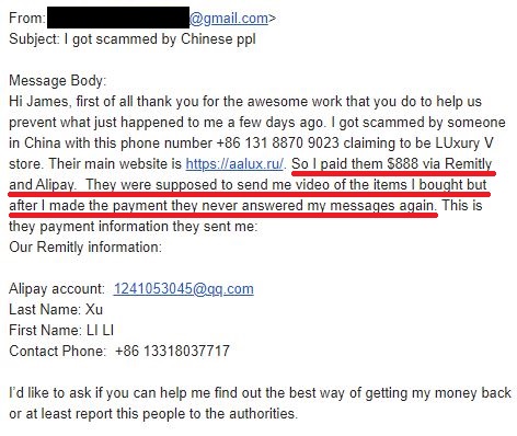 aalux luxv luxury v store scam review 1