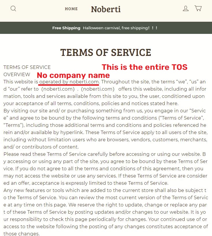 noberti scam fake terms of service