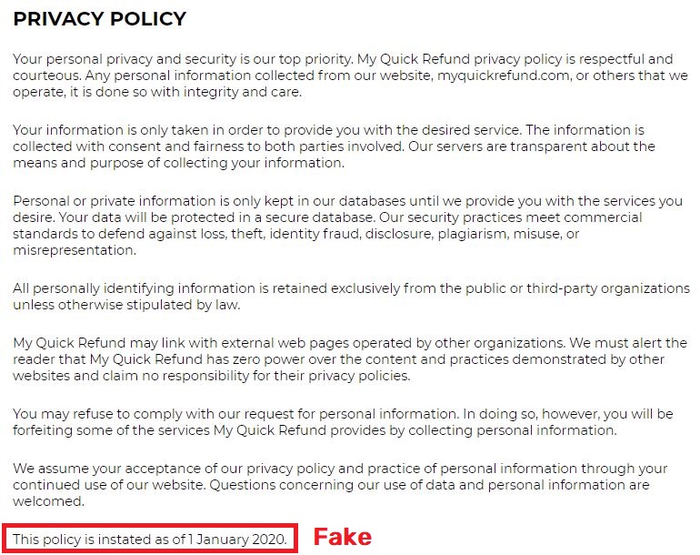myquickrefund scam fake privacy policy