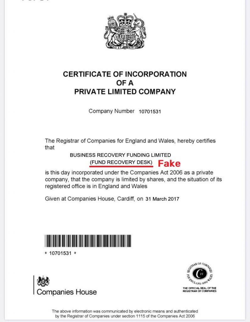 fundrecoverydesk scam fake registration 2