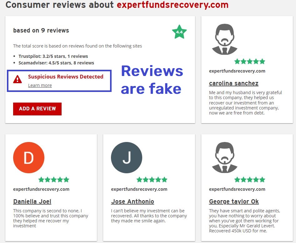 Expertfundsrecovery scam fake review scamadviser