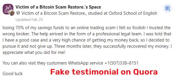 fake fund recovery website testimonial 3