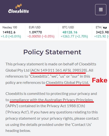 cloexbitts scam fake australian registration