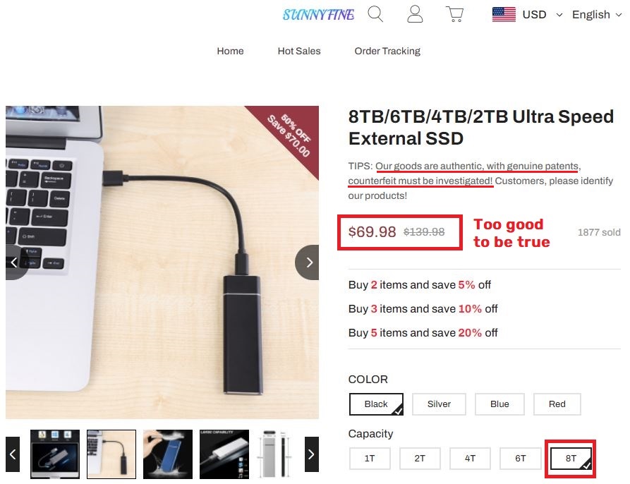 sunnyfine scam fake price external ssd drive