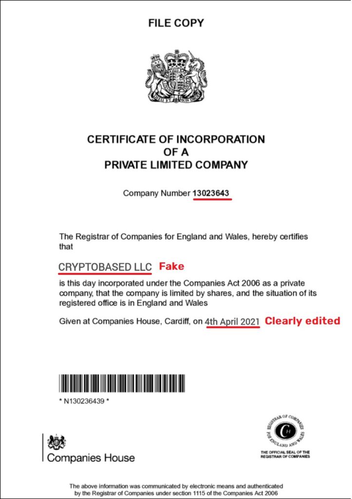 Cryptobased scam fake company certificate