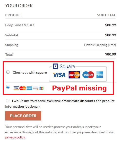 paypal missing from payment screen