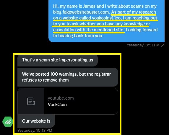 Voskcoins scam twitter confirmation
