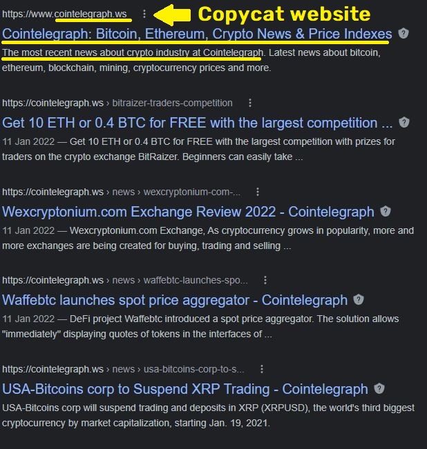 cointelegraph.ws fake crypto news site google result