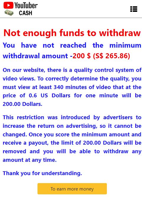Youtuber Cash scam withdrawal threshold