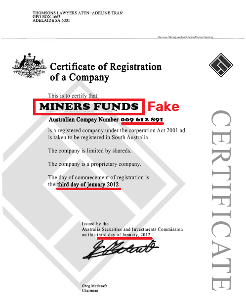 Miners-funds scam registration certificate