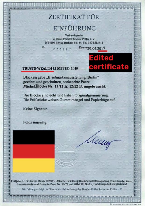 trusts-wealth scam fake german certificate