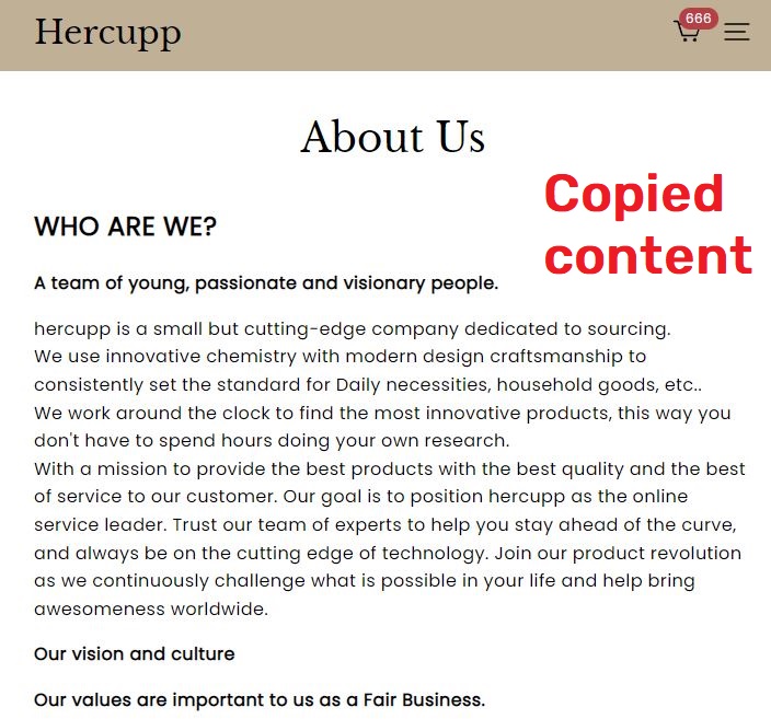 hercupp scam copied about us content