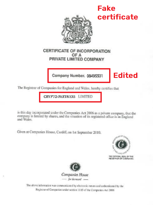 Crypto-partners scam fake certificate 2