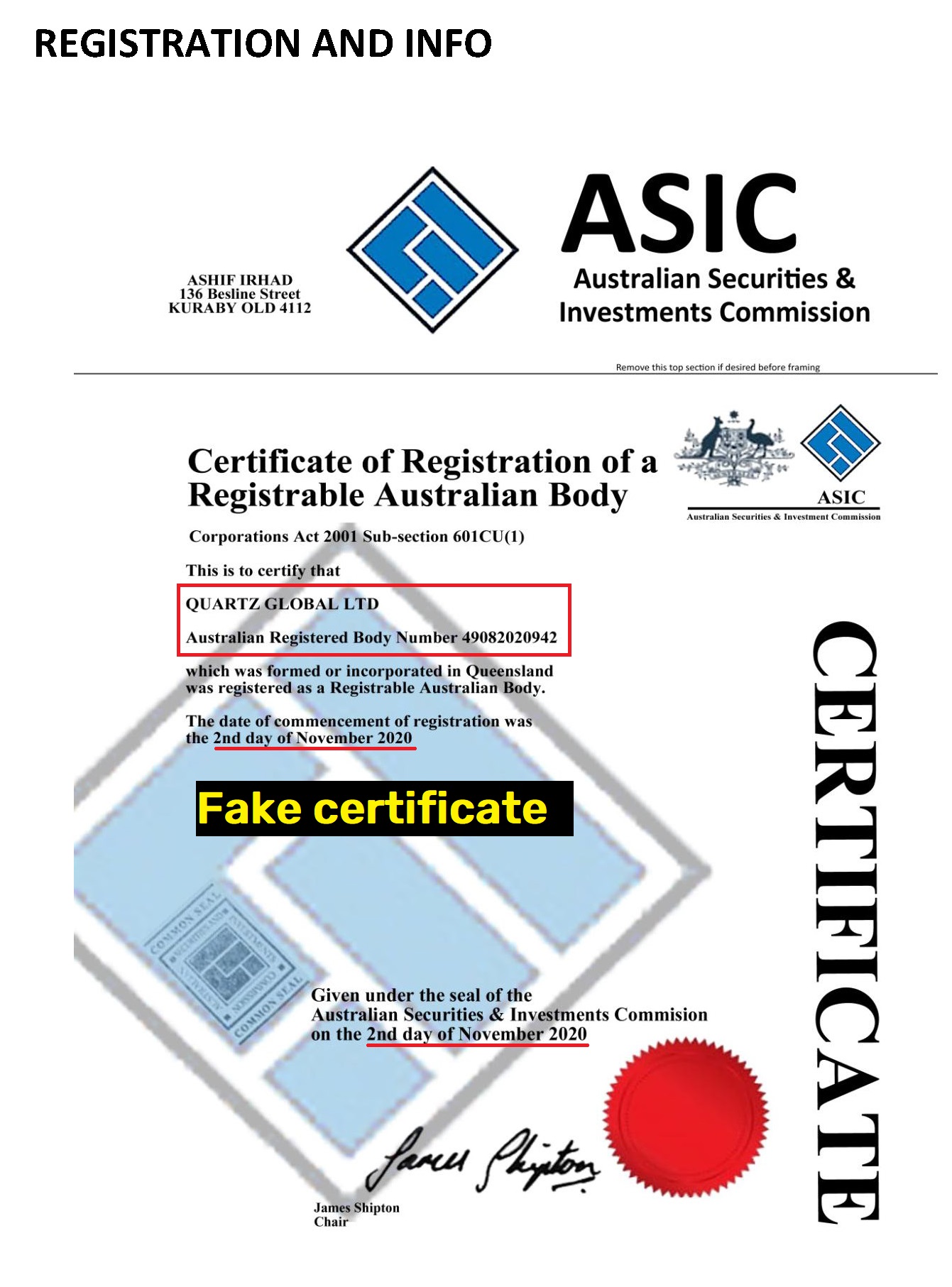 quartz global quartzglobal scam fake asic certificate