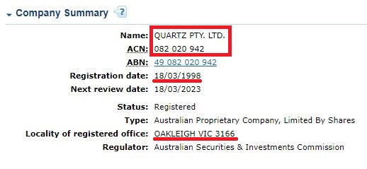 real company information in asic registry