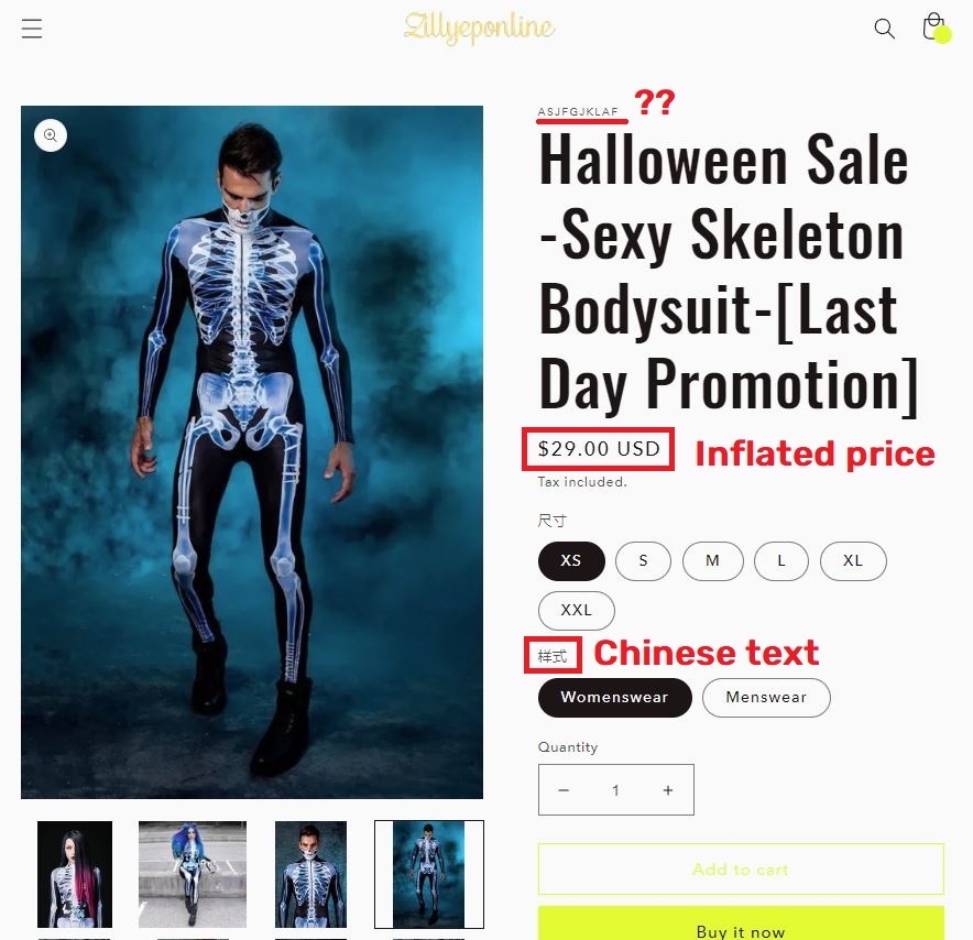 Zillyeponline scam skeleton body suit fake price