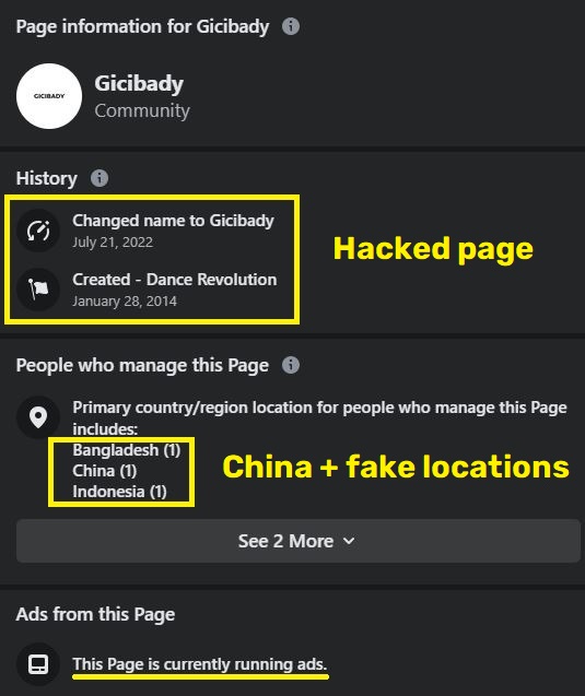 gicibady scam hacked facebook page