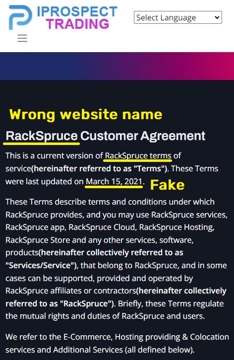 iprospecttrading Iprospect Trading scam rackspruce terms copied