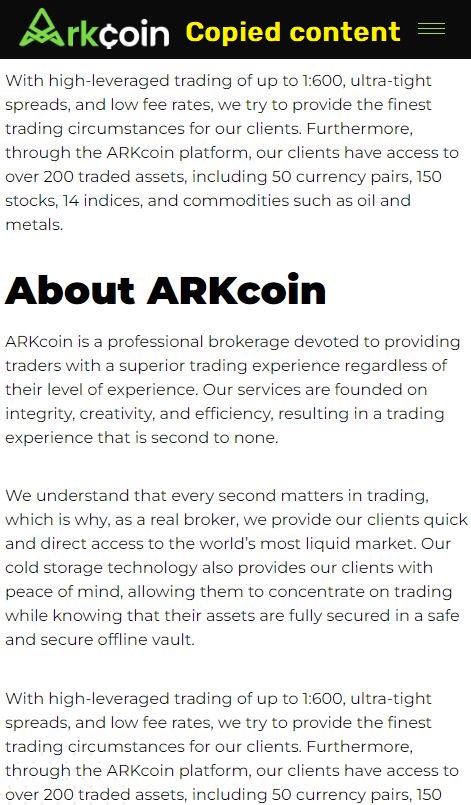 arkcoin trading scam copied content