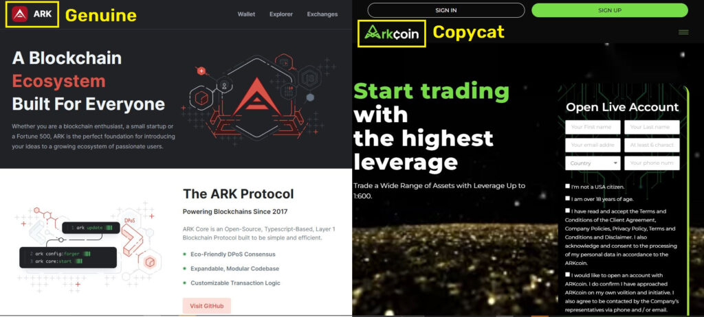 arkcoin trading scam ark.io copycat