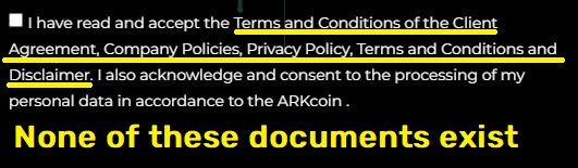 arkcoin trading scam terms missing