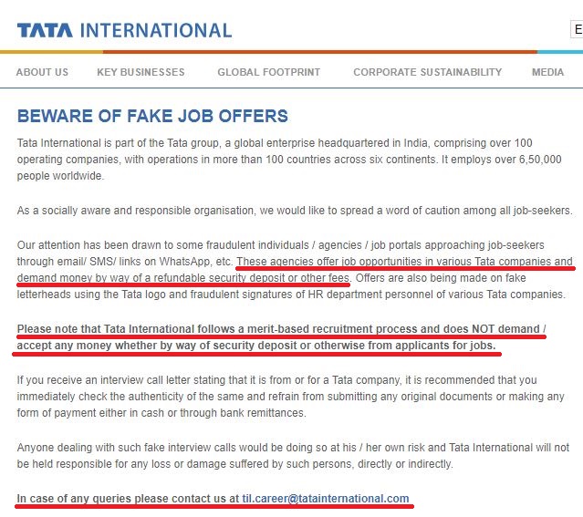 tata international fake job offer warning