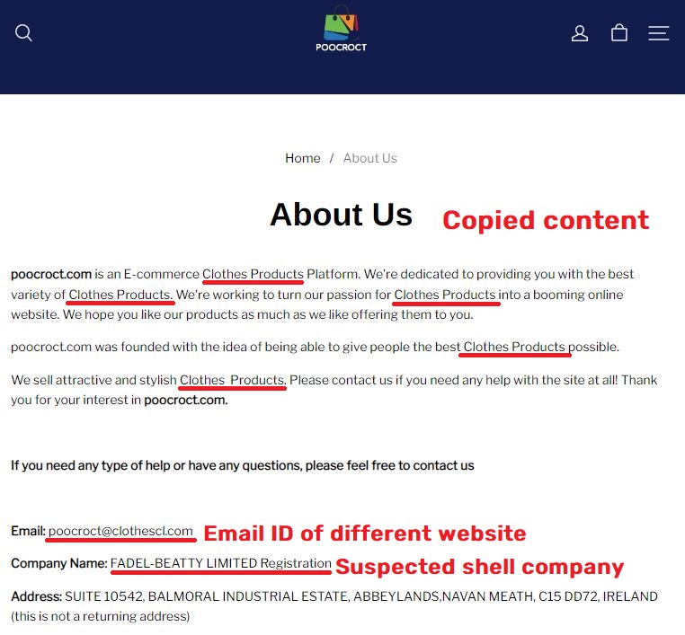 Poocroct scam about us page copied content
