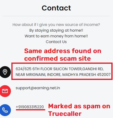 earning.net.in scam fake contact details 1