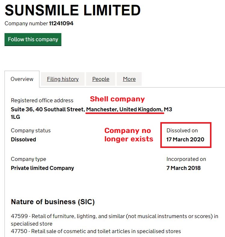 sunsmile limited uk registration