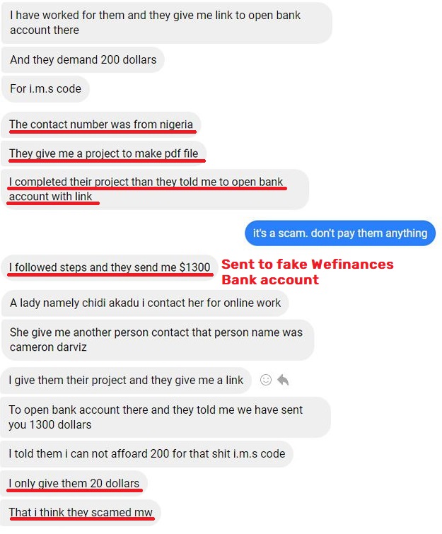 wefinances bank scam chat with victim