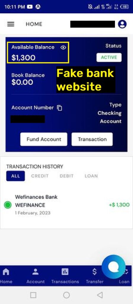 wefinances bank scam fake payment screenshot