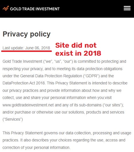 Goldtradeinvestment scam fake privacy policy