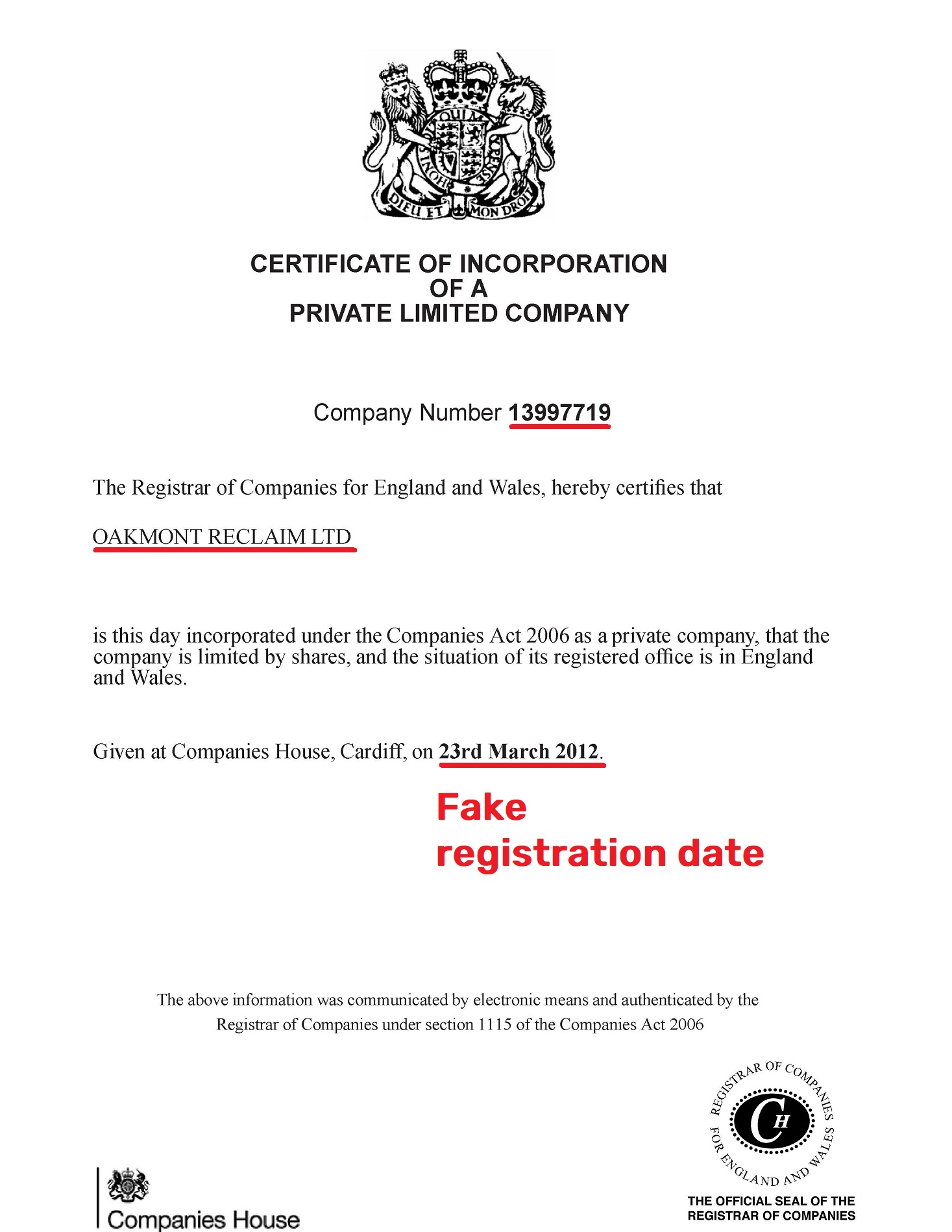 oakmontreclaim scam fake uk registration certificate