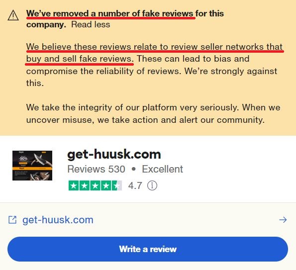 huusk trustpilot disclaimer fake reviews removed